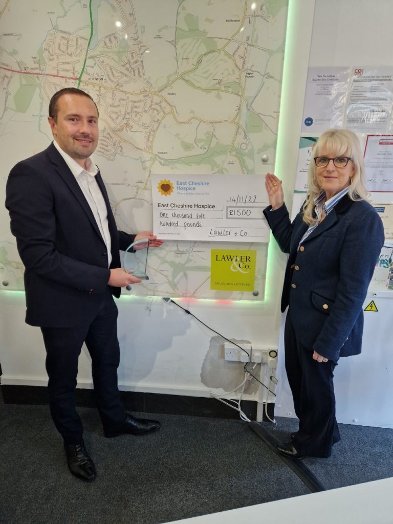 Managing Director Leigh Lawler and Sales Negotiator Angela McDermott from our Poynton office with the cheque for East Cheshire Hospice